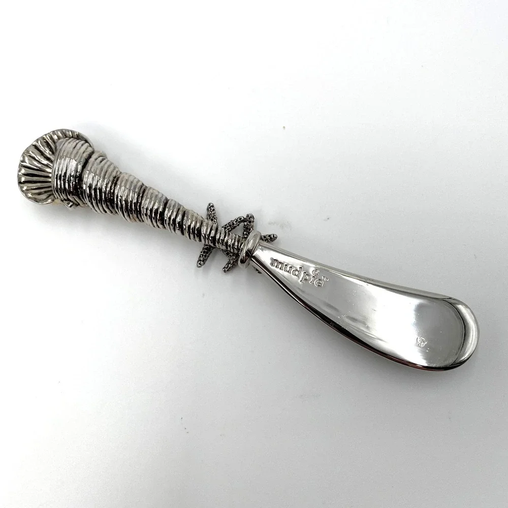 Mud Pie Coastal Nautical Shell Starfish Cheese Spreader Butter Knife Silver Tone